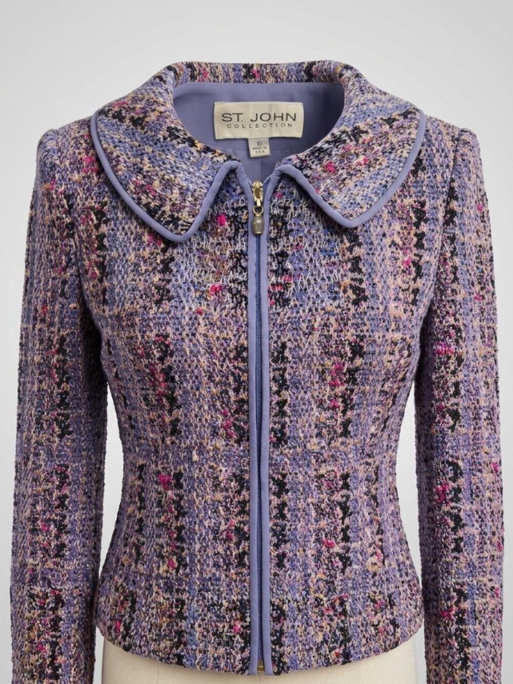St. John Collection Purple Tweed Full Zip Boucle Jacket Size 10